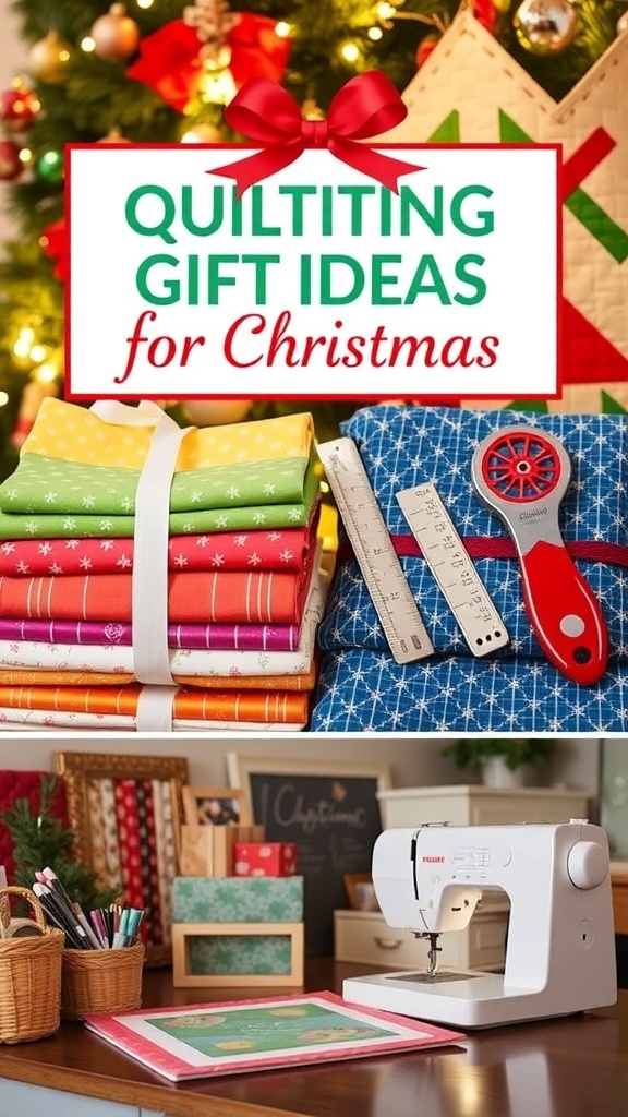 A collection of quilting gifts including fabric bundles, tools, and accessories arranged in a festive setting.